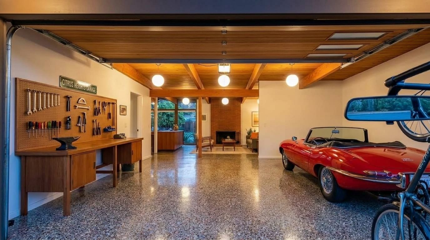 Kari Novak Garage Door Repairs Interior View of Custom Garage Door Overhead and Workshop